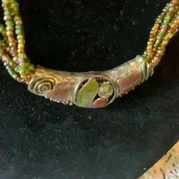 Vintage Multi-Strand Green Seed Bead Necklace w/ Enameled Rhinestone Enhancer - Picture 2 of 6